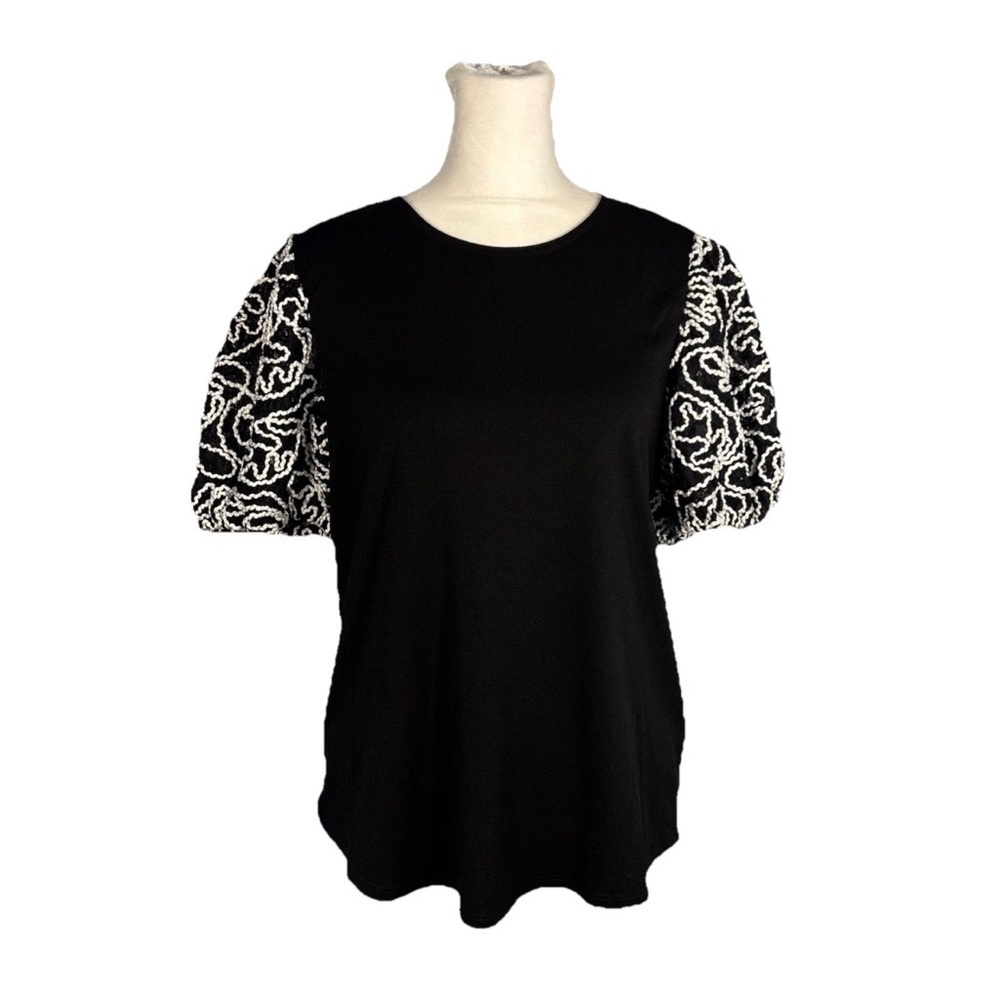Adrianna Papell Black Round Neck Shirt with Lace Puff Sleeves Size Small
